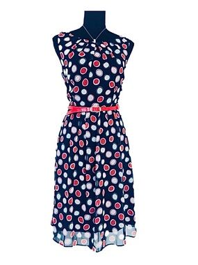 DRESSBARN ~ Navy Midi Dress with White and Red Polka Dots Red Skinny Belt